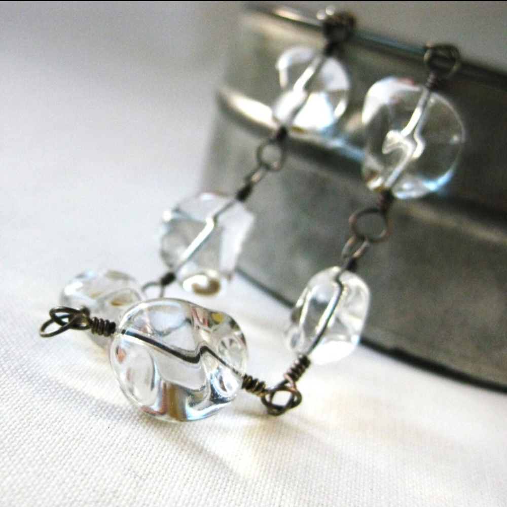 NEW Handmade Clear Glass Nugget Wire Work Bracelet Oxidized Silver